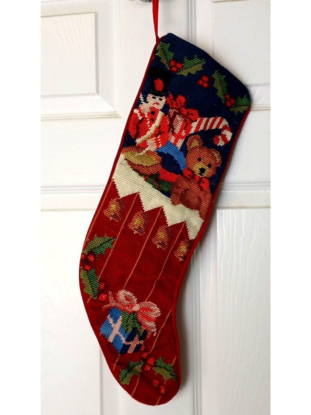 VTG Needlepoint Christmas Stocking Handmade Wool Toys Red Velvet Backing 21" D23